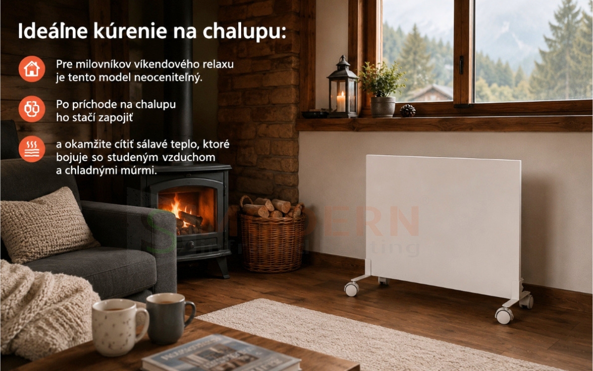 SMODERN® ELIT E450 mobil (450 W)-útulnej chalupe vychutnáva spoločné chvíle a zdravý komfort, o ktorý sa v tichosti a bez vírenia prachu stará sálavé teplo z mobilného infrapanela